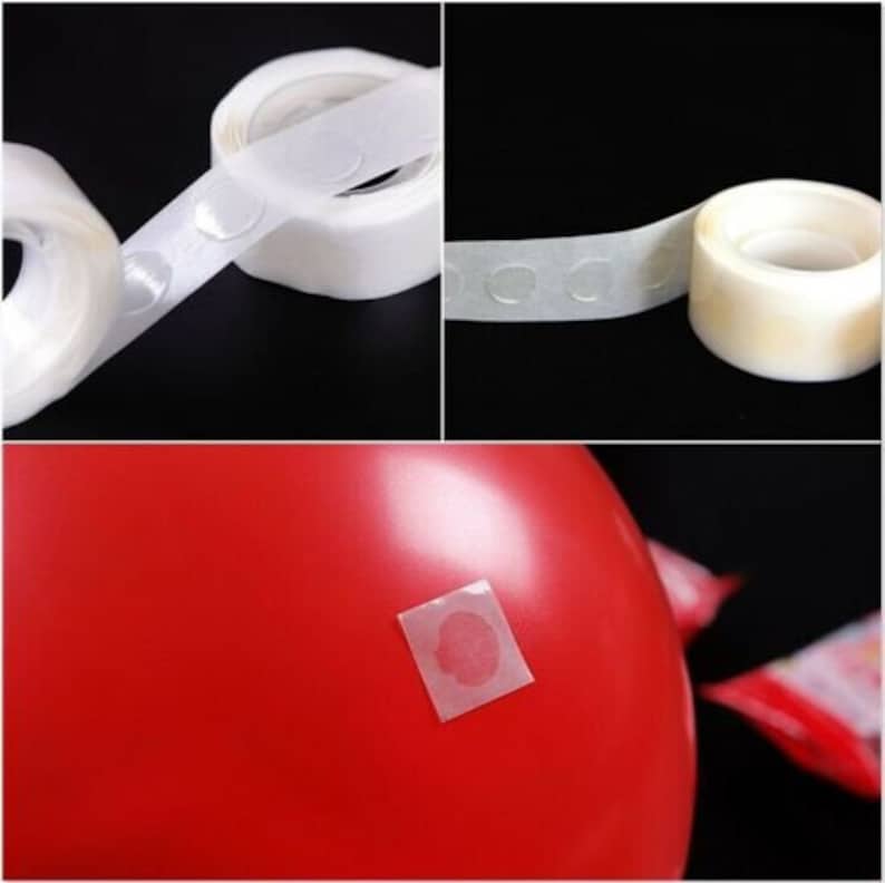 May include: A roll of clear adhesive dots for attaching balloons to a surface. The dots are on a white tape roll. A red balloon is shown with a dot attached to it.