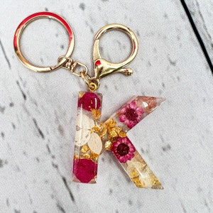 Flower Resin Initial Keyring with Rose Gold Clip