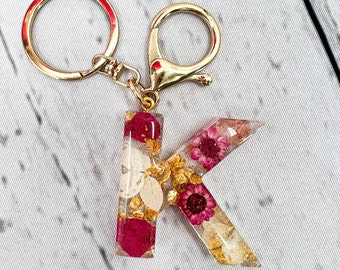 Flower Resin Initial Keyring with Rose Gold Clip