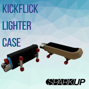 May include: Two lighter cases shaped like skateboards. The case on the left is black with a blue and silver lighter. The case on the right is tan with a black top and a silver and green lighter. Both cases have red wheels.