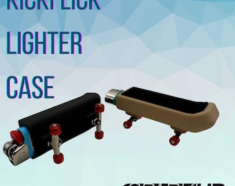 May include: Two lighter cases shaped like skateboards. The case on the left is black with a blue and silver lighter. The case on the right is tan with a black top and a silver and green lighter. Both cases have red wheels.