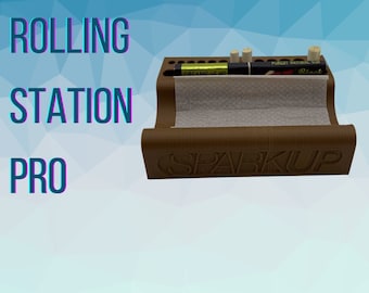 May include: Brown wooden rolling station with the word "SPARKUP" printed on the front. The station has a slot for rolling papers, a compartment for rolling tips, and a holder for rolling papers.