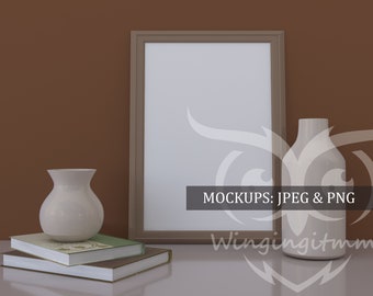 Wood Picture Frame Art Display Simple Vertical Frame on table w/ wood background and vase with Flowers Template PNG JPG