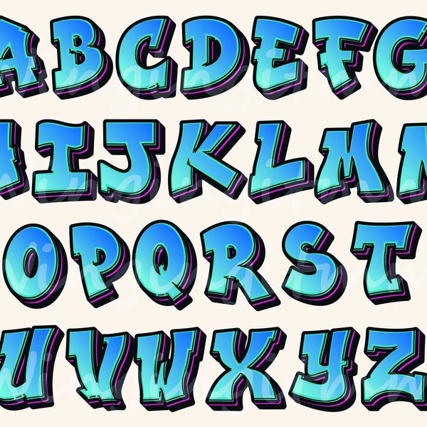 Graffiti Letters, No installation needed, PNG JPG PDF Letters, Gradient font, Digital Downloads, Typography