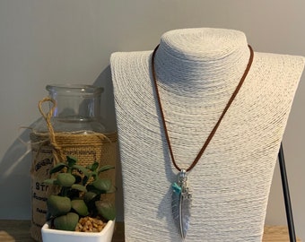 Boho Country Music Country Necklace Western faux suede silver plated pendant and turquoise stone long necklace