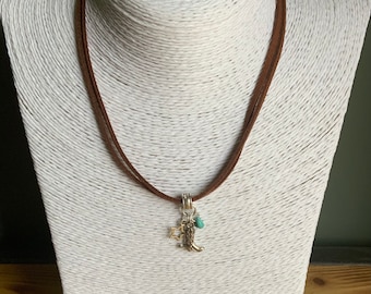 Boho Country Music Country Western faux suede silver plated pendant and turquoise stone necklace