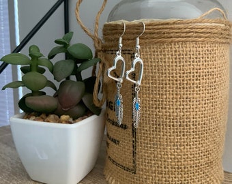 Country Music Earrings Western Inspired Silver Plated turquoise and silver Boho Feather Heart Earrings
