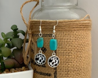 Western Inspired Earrings Silver Plated Western Boho Cow print Turquoise Earrings