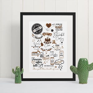 May include: A framed print with a black border featuring illustrations and text in brown and black. The print includes images of beer, a guitar, and a truck. Two green ceramic cactus ornaments are on either side.