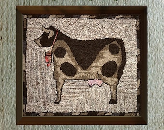 Besse, Cow Rug Hooking Pattern on Linen, Folk Art Design