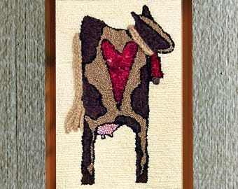 Belle, Cow Rug Hooking Pattern on Linen, Folk Art Design