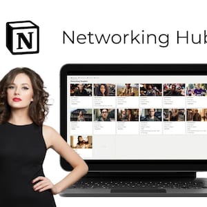 Peut inclure: Un ordinateur portable noir affichant un modèle Notion pour le réseautage, avec le texte "Networking Hub". L'image comprend le logo Notion et les mots "Notion Certified". Le texte "Supercharge your Networking" est également visible.
