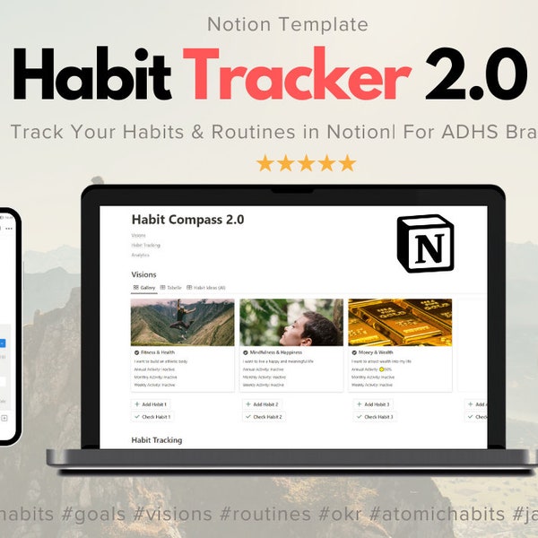 Notion Habit Tracker Template - For ADHS Brains, Inspired by Atomic Habits by James Clear, Vision Board - Track Your Routines