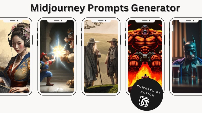 May include: Five different phone screens displaying various images. The first screen shows a woman in a traditional Japanese outfit playing a stringed instrument. The second screen shows a video game character with a red hat and blue overalls fighting a large, green, cartoon character. The third screen shows two men in medieval clothing standing in a field. The fourth screen shows a pixelated image of a large, orange, muscular monster standing over a smaller, red figure. The fifth screen shows a superhero wearing a black cape and mask sitting in a dark room.