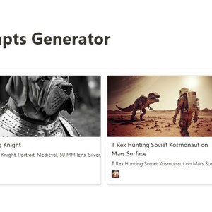 May include: A website screenshot showing a Midjourney Prompts Generator with three examples of image prompts: a sailing boat in a stormy sea, a dog wearing armor, and a T-Rex chasing a Soviet cosmonaut on Mars.