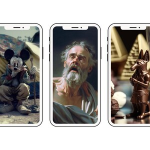 May include: Three phone screens displaying different images. The first screen shows a cartoon character in a dark setting. The second screen shows a portrait of a man with a beard. The third screen shows a golden statue of an animal with a pyramid in the background.