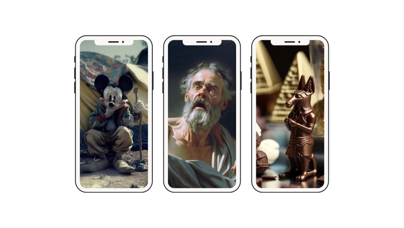 May include: Three phone screens displaying different images. The first screen shows a cartoon character in a dark setting. The second screen shows a portrait of a man with a beard. The third screen shows a golden statue of an animal with a pyramid in the background.