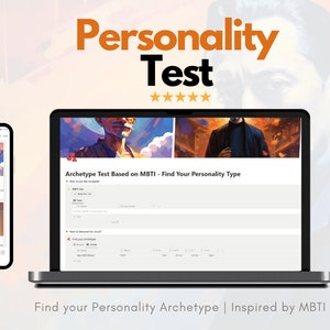 May include: A laptop and smartphone display a personality test interface. The laptop screen shows a test based on MBTI, with the text "Find Your Personality Type." The smartphone shows test results. The image includes the text "Personality Test" and "Find your Personality Archetype | Inspired by MBTI."