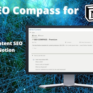Puede incluir: Una pantalla de ordenador que muestra una página de Notion titulada "SEO Compass - Premium". La página es una plantilla para productores de contenido, con secciones para el título, el contenido, la meta descripción y el meta título. El texto "The best Notion template for content producers. SEO, CDN +1.2 CDN ipsum dolor" es visible en la página.