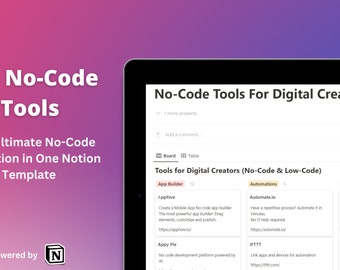 99 No Code Tools Notion Template - App Builder - Website Builder - AI Tools - Low Code Tools