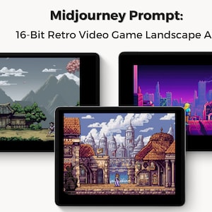 Midjourney Image Ai Prompt - 16 Bit Retro Video Game style Wallpaper Landscape Art, Best Midjourney Prompt, Customizable, Ai Wall Art Prompt
