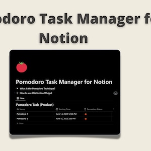 Puede incluir: Una captura de pantalla de una aplicación Pomodoro Task Manager para Notion. La aplicación tiene un fondo oscuro con un icono de tomate rojo. La aplicación tiene una tabla con columnas para Nombre Pomodoro, Hora de inicio y Estado Pomodoro. La tabla tiene dos filas, una para Pomodoro 1 y otra para Pomodoro 2. La columna Estado Pomodoro tiene un punto rojo para cada Pomodoro.