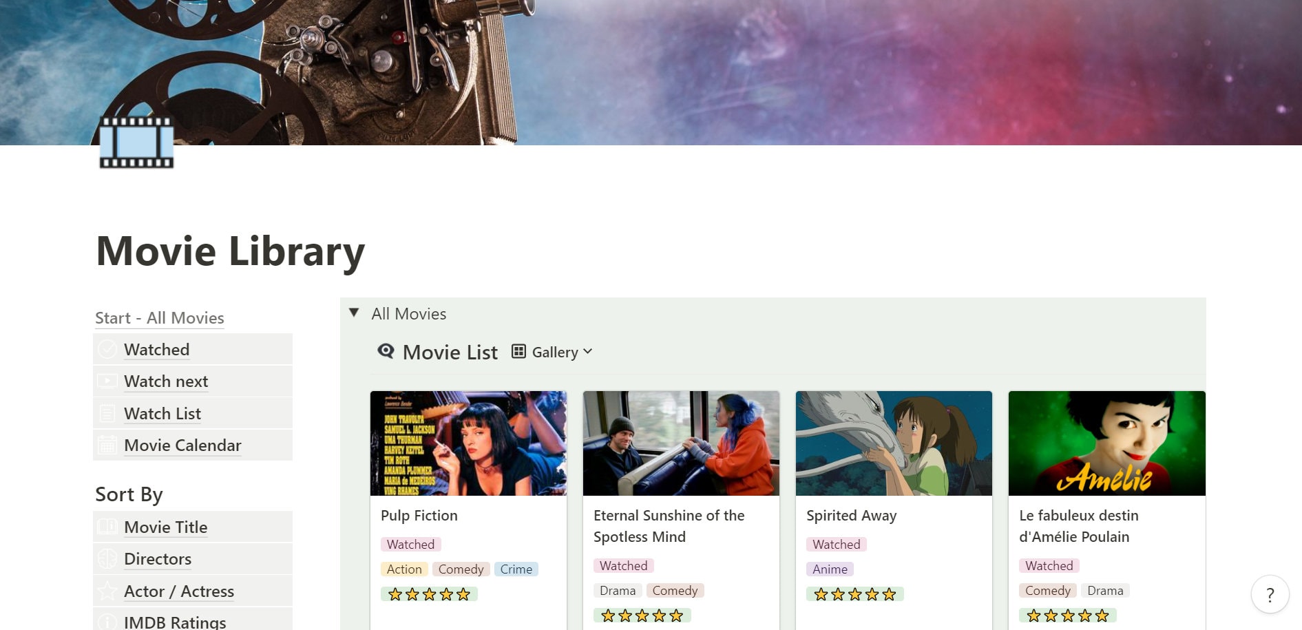 MOVIE List Template for Notion, Select Movies to Watch, Favorite Movies