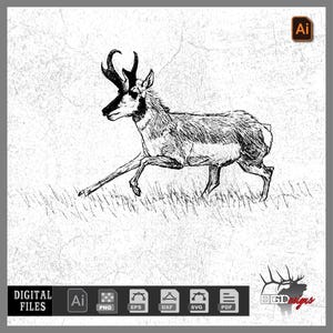 May include: Black and white digital illustration of a pronghorn antelope in motion. The artwork features detailed linework, depicting the animal running through grass. The image includes file type icons and the text "DIGITAL FILES".