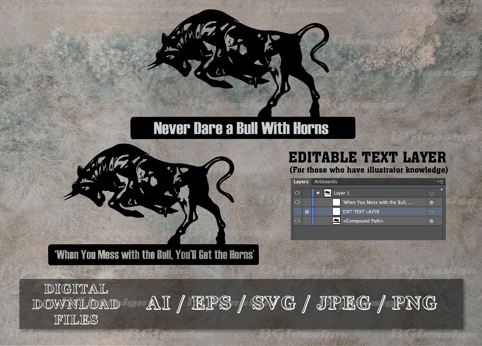 Mess With the Bull Get the Horns Vector Eps / Ai / Png / Jpeg | Etsy