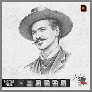 May include: A monochrome illustration of a man in a hat and suit, with detailed shading. The image includes the text "DIGITAL FILES" and file type icons. The style is reminiscent of an engraving.