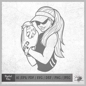 May include: Black and white line art illustration of a female softball player wearing a cap and sunglasses, holding a softball in a glove.