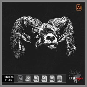 May include: A black and white illustration of a ram's head with large, curved horns. The image is a digital file, with options for PNG, EPS, DXF, SVG, and PDF formats. The text "DIGITAL FILES" is at the bottom left.