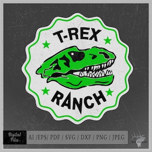 May include: A green and white vintage-style logo with a T-Rex skull and the text "T-REX RANCH" with two stars on either side of the text.