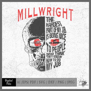 Op de afbeelding: Zwart-witte illustratie van een schedel met de tekst "MILLWRIGHT" erboven. De ogen van de schedel zijn vervangen door afbeeldingen van moersleutels. De tekst "Het moeilijkste deel van mijn werk is aardig zijn tegen mensen die denken dat ze mijn werk kunnen doen" staat in rood aan de rechterkant van de schedel.