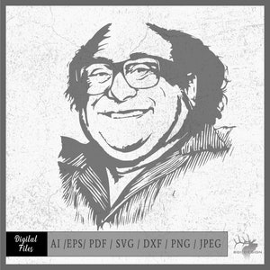 May include: Black and white line art illustration of a man with glasses and a smile. The image is in a vintage style with a textured background.