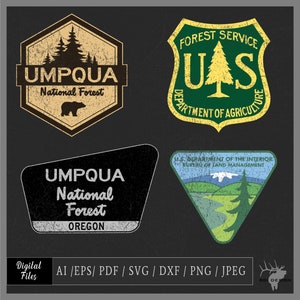 Bosque vectorial eps / ai / svg / png BLM, Servicio Forestal, Bosque Nacional, Bosque Nacional Umpqua