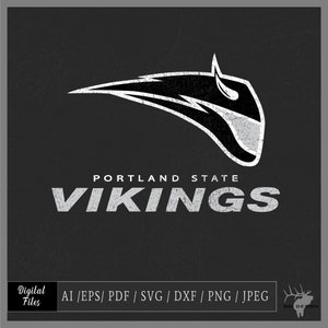 Puede incluir: Diseño gráfico en blanco y negro de una mascota vikinga con un casco con cuernos. La mascota es una cabeza estilizada con una expresión feroz. El texto "PORTLAND STATE VIKINGS" está debajo de la mascota.
