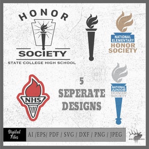 May include: Five different designs for honor society logos. The logos feature a torch with flames and the words "Honor Society" in various styles. The logos are in black, red, blue, gray, and brown.