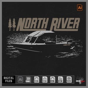 May include: A black and white illustration of a boat on the water with the text "NORTH RIVER" above it. There are two small trees on the left side of the image.