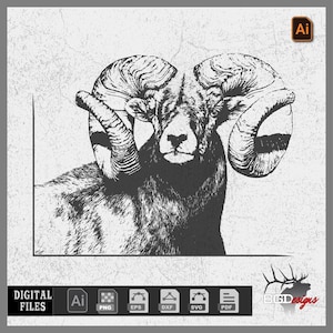 Può includere: Illustrazione in bianco e nero di un ariete con grandi corna ricurve. L'ariete è raffigurato frontalmente, con dettagli e ombreggiatura. Include il testo "DIGITAL FILES" e icone dei tipi di file.