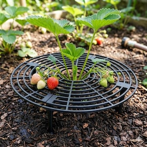 Puede incluir: Un protector de plantas de fresa de plástico negro con un diseño circular. El protector rodea una planta de fresa con hojas verdes y fresas rojas maduras y verdes sin madurar. La planta está en un parterre.