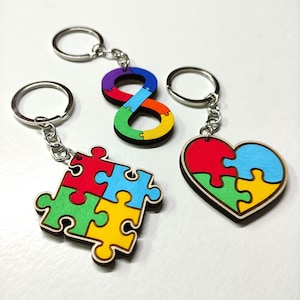Llavero de autismo de madera, llavero de símbolo de neurodiversidad, orgullo autista, espectro de autismo, conciencia de autismo, regalo