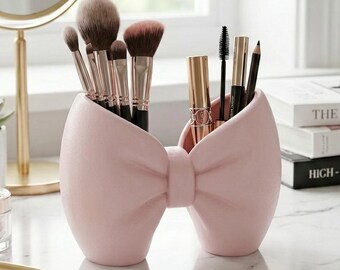 Organizador de maquillaje pequeño / Soporte compacto para brochas de maquillaje / Organizador de cosméticos en forma de lazo para espacios pequeños, escritorio o baño.