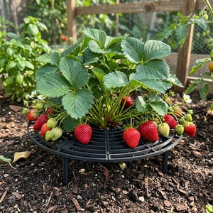 May include: A strawberry plant with green leaves and red fruit, surrounded by a black plastic plant support. The plant is set in dark soil. The image shows a thriving garden scene, with a wooden fence in the background.