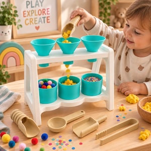 Sensorisk sorteringsstation för barn, Montessori-inspirerad tratt och mugghylla, finmotorisk aktivitetsleksak för färgsortering och sensorisk lek