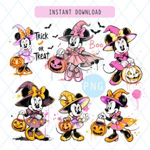 Puede incluir: Ilustración digital de seis personajes de Minnie Mouse disfrazados de brujas, cada uno sosteniendo una linterna de calabaza. La imagen incluye el texto "Instant Download", "Trick or Treat" y "Boo". Los personajes están sobre un fondo blanco con salpicaduras de pintura coloridas.