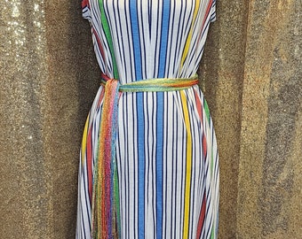 Vintage 70s 80s Lightweight Cotton shift/A-Line Colorful Striped Sleeveless Dress ~ M-L