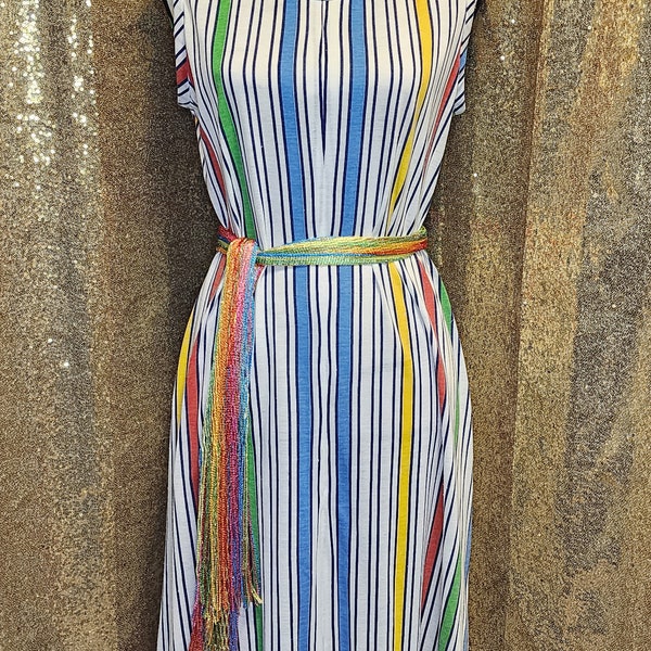 Vintage 70s 80s Lightweight Cotton shift/A-Line Colorful Striped Sleeveless Dress ~ M-L