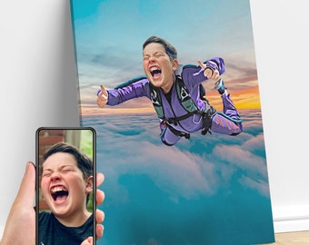 Personalisiertes Skydive Adventure Wandbild, Personalisiertes Portrait vom Foto, Abenteurer Geschenk, Geschenke für Kinder und Erwachsene