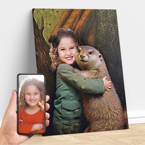 Personalized Kid Hugging an Otter, Otter Animal Art, Custom Portrait From Photo, Otter Birthday Party, Gifts for Kids and Adults
